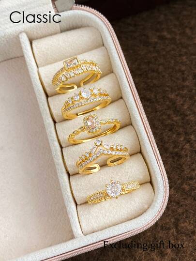 5 piezas Juego de anillos elegantes ajustables con incrustaciones geométricas de circonita cúbica de lujo y exquisitos para mujeres, adecuado para fiestas, banquetes (sin caja de regalo)