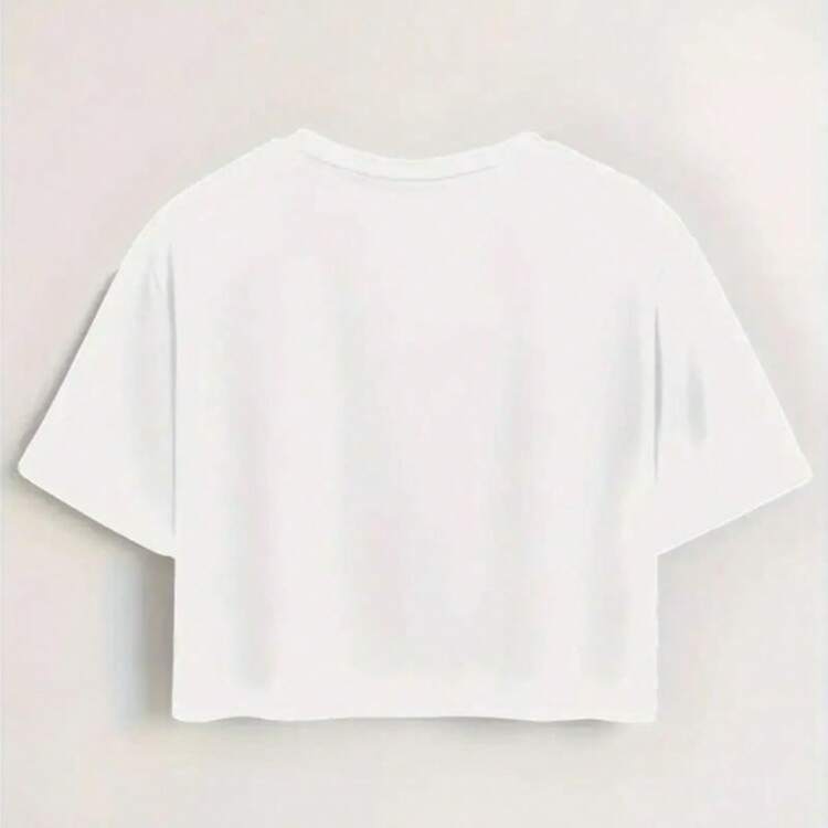 Cropped Feminino Estampado Lançamento manga Curta Gola Redonda Top Moda Todas Estação - Branco - Visão 2