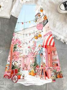 A Line Skirt Pastel Pink Color European Street Scene With Cafes And Flowers Print For Women Casual Outing And Shopping - trắng - Xem 4