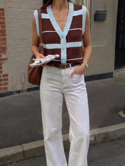 Áo tank top dệt kim không tay cổ chữ V kẻ sọc phối màu, kiểu dáng thanh lịch, phù hợp cho trang phục dự lễ hội âm nhạc dành cho nữ.