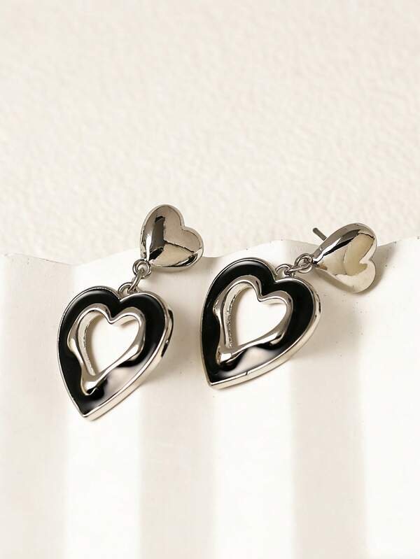 Original Minimalist Style Liquid Silver Hollow Black Drip Oil Heart Stud Earrings, Versatile Elegant Earrings For Women