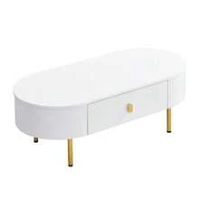 Coffee Table With Two Drawers, Gold Handles And Legs, Curved Corners. - 白色 - 查看 7