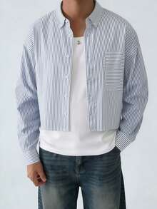 Camisa de manga larga a rayas de estilo callejero y moda para hombres - Azul y blanco - Ver 1