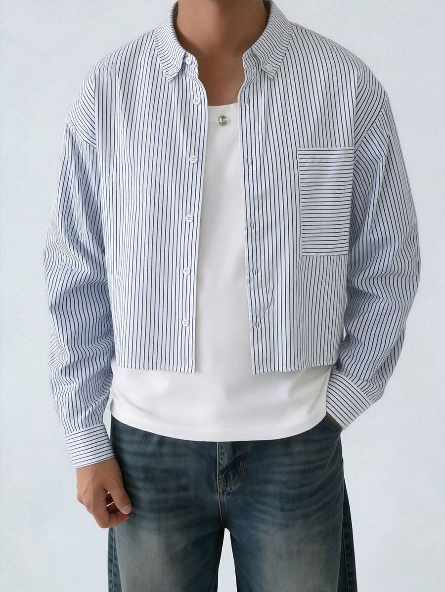 Camisa de manga larga a rayas de estilo callejero y moda para hombres - Azul y blanco - Ver 1