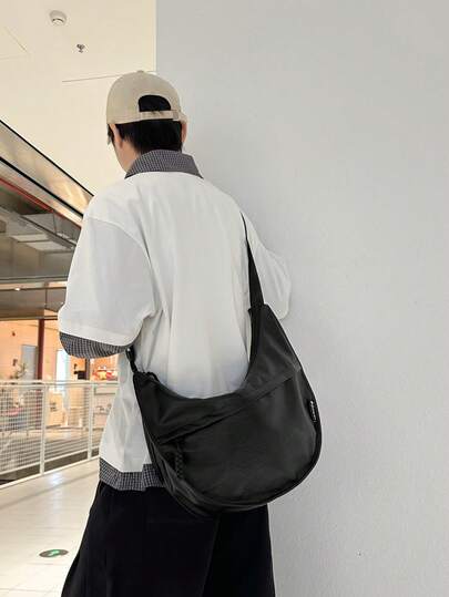 1pc New Fashion Black PU Material Men's Ox Horn Tote Bag, Crossbody Bag, Shoulder Bag, Handbag, With Zipper Adjustable Strap, Large Capacity Storage Bag, File Bag, Suitable For Shopping, Travel, School, Commuting, Gift For Boyfriend, Christmas Gift