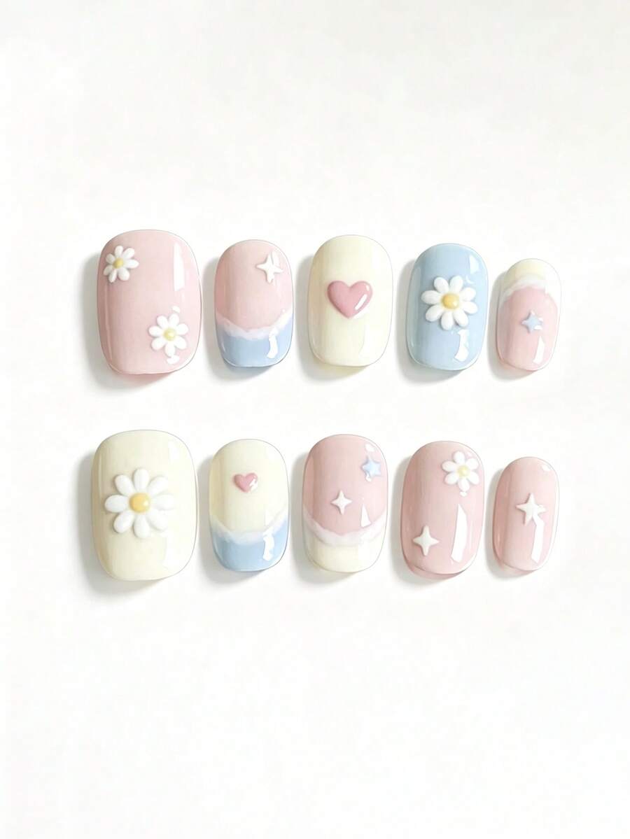Bộ 10 đôi này có bảng màu pastel nhẹ nhàng và mộng mơ với các sắc hồng phấn, xanh da trời và trắng kem, được tô điểm bằng các họa tiết hoa cúc 3D, hình trái tim dễ thương, chi tiết ngôi sao lấp lánh và hiệu ứng chuyển màu như mây. Lớp hoàn thiện bóng bẩy và hình dạng vuông bo tròn ngắn tạo nên vẻ ngoài thanh lịch, mềm mại và vô cùng linh hoạt cho sử dụng hàng ngày, hoàn hảo cho mùa xuân và mùa hè. Thiết kế đáng yêu này lý tưởng cho việc đi làm hàng ngày, những ngày đi học, những chuyến đi chơi mùa xuân, những buổi hẹn hò và những buổi gặp gỡ thân mật. - Nhiều màu - Xem 1