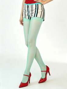1 par de medias transparentes verde menta para mujer, de material de nailon sedoso y de alta elasticidad, con diseño de cintura alta y ajuste delgado, estilo retro Y2K para uso diario y de fiesta - Multicolor - Ver 4