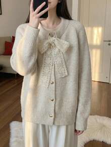 Women's Casual Bowknot Decor Raglan Sleeve Cardigan, Suitable For Halloween, Christmas, Chinese New Year - Apricot - View 2