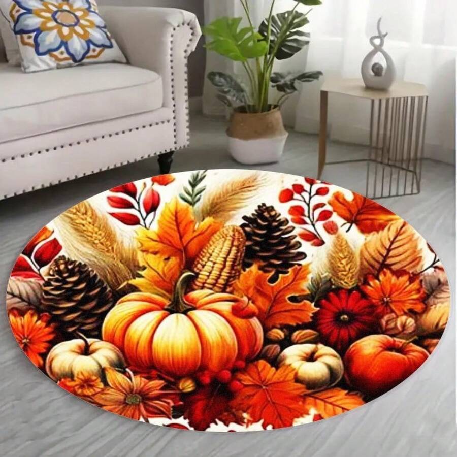 Flannel Printed Round Doormat With Large Pumpkin In The Center, Autumn-Themed Elements: Small Pumpkins, Red And Orange Flowers, Corn, Wheat, Pine Cones, And Fallen Leaves. Cozy Harvest Theme On A White Background. Round Rug For Living Room - 1PC - Xem 1