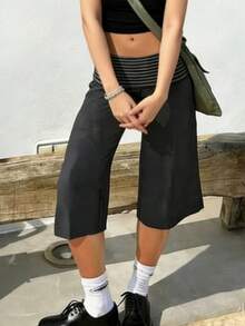 Women's Y2k Fold Over Capri Pants Elastic Waist Low Rise Cropped Pants Stretchy Wide Leg Knee Length Capri Leggings Summer Casual Going Out Trousers Streetwear - 灰色 - 查看 3