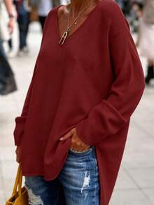 1pc V-Neck Knit Top, Front Short Back Long Hem With Slit, Suitable For Spring, Autumn, Winter - Burgundy - View 3