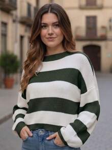 Women's Striped Knit Blouse With Long Sleeves And Round Neck - Versatile Winter - 墨綠色 - 查看 1