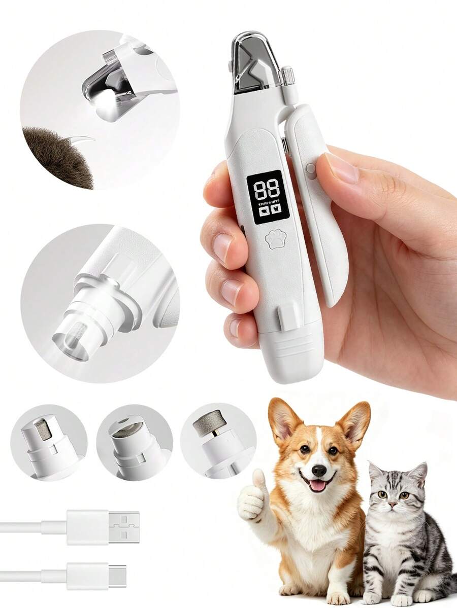 二合一宠物指甲钳和磨甲器，带LED灯，电动猫狗指甲修剪器，带指甲收集器，USB-C充电，适用于中小型宠物指甲的修剪和打磨，狗狗用品，幼犬护理