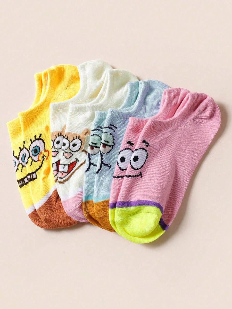 SpongeBob SquarePants 6/10 Pairs Random Color Cute Cartoon Pattern Reinforced Toe & Heel Durable Comfortable Short Socks, Suitable For Men And Women All Seasons, Suitable For School And Outdoor Sports, Suitable For Summer And Winter, Including Octopus Brothers, Mr. Crab And Other Patterns - Multicolor - View 1