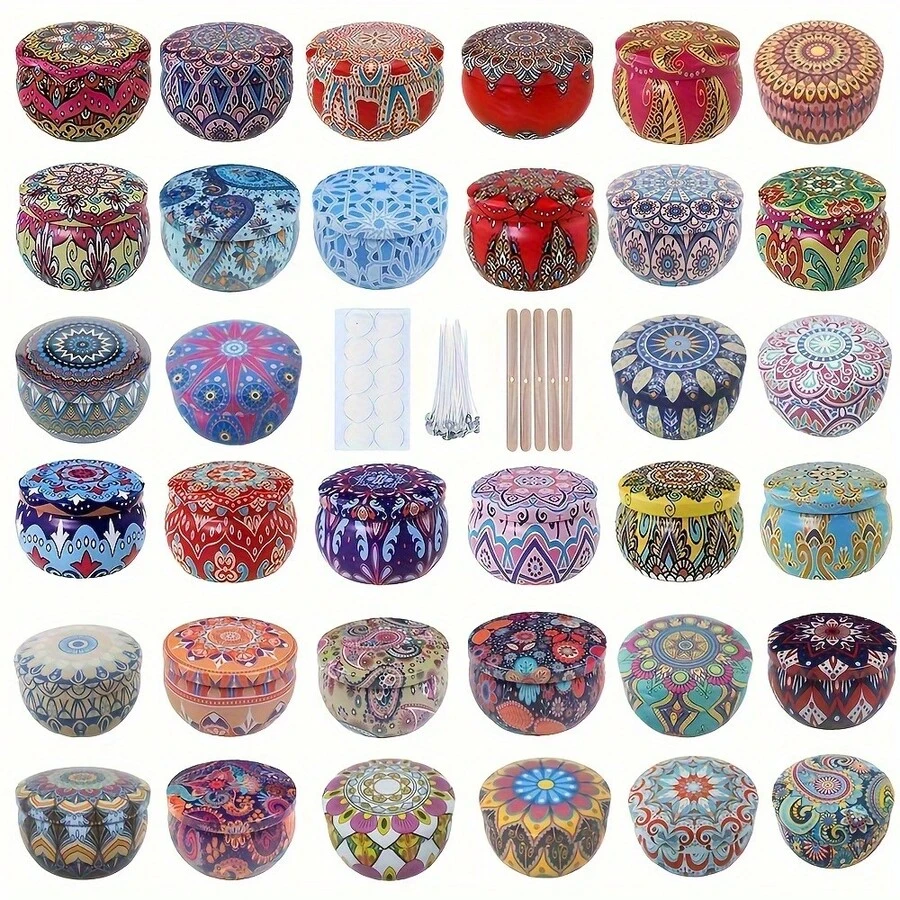 32pcs/Set Candle Making Kit, Includes 4 Patterned Metal Candle Jars And 28 Accessories, 2.5oz Empty Printed Containers, Suitable For DIY Candle Making, Small Item Storage, Home Decor And Customized Birthday Handmade Gifts