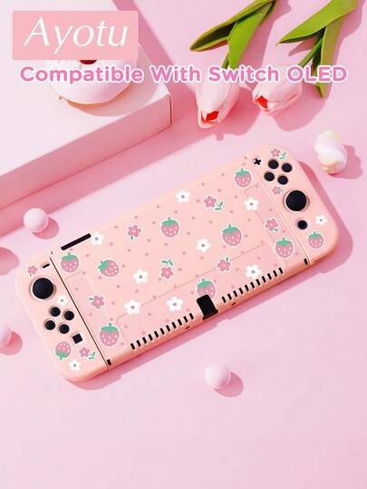 Ayotu 草莓、波点和花卉图案Switch保护壳，适用于新款Switch 2 (2025)/Switch NS/Switch OLED/Switch Lite，无需取下保护壳即可安装在底座上，通用游戏手柄保护套，Switch游戏配件，防摔防刮，甜美风格/春日浪漫/主题/返校礼物/情人节礼物