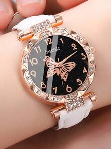 6件套女士时尚简约休闲石英表，蝴蝶造型设计，搭配水晶项链、手链、戒指、耳环首饰套装，适合作为女士生日/节日礼物、度假、派对、毕业典礼、庆典、日常佩戴，也是一份很棒的母亲节礼物。 - 彩色 - 查看 4