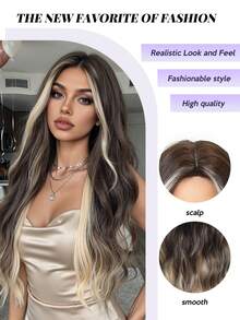 28 Inch Ombre Light Brown To Ash Blonde Water Wave Wig With Middle Part, Pre-Styled Loose Curls, Heat Resistant Synthetic Hair, Perfect For Streetwear, Hip Hop Style, Music Festival, Casual Daily & Club Night, Edgy Hairpiece For Women - Brown Highlight - View 7