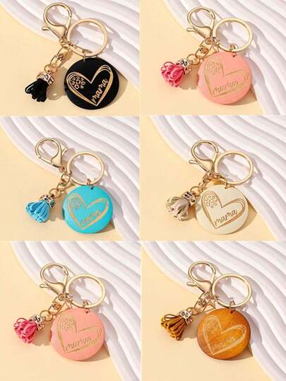 European And American Hot-Selling DIY Handmade "MAMA" Khaki Wooden Tag With Khaki Tassel Keychain, Pink Heart Tassel Keychain, Blue Wooden "MAMA" Keychain Pendant, Mother's Day Gift Keychains, Creative Gift For Holidays