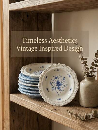 DearDali 1pc 8-Inch French Retro Ceramic Plate, Luxury Blue & White Color/Embossed Floral Pattern, Round Shape With Embossed Rim, Heat Resistant, Steak Plate, Salad Plate For Restaurant, Microwave , Suitable For Home, Party, Hotel