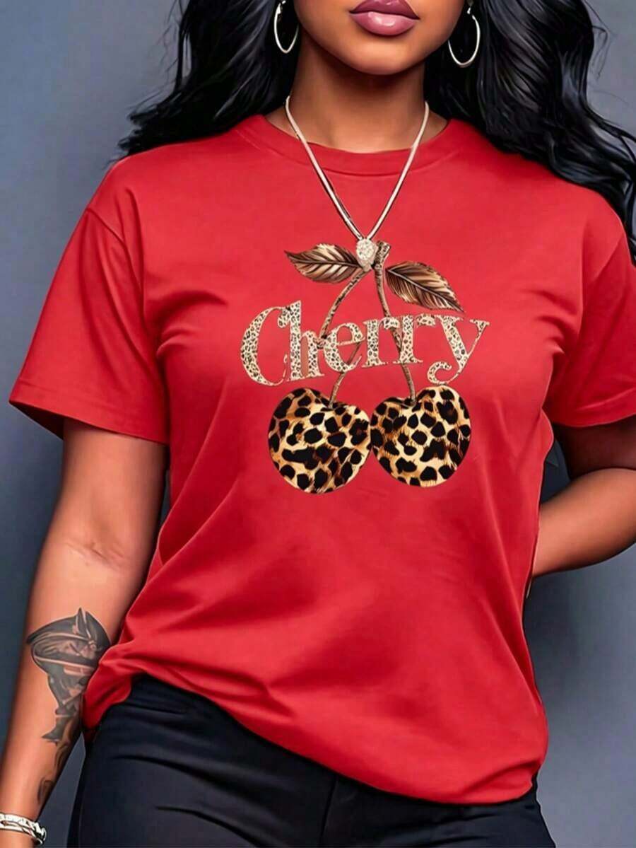 Women's Casual Bright Orange Leopard Cherry Pattern Cotton T-Shirt, Soft Daily Top, Machine Washable Short Sleeve Tee, Suitable For Daily Wear And Parties, Weekend Style, Fun Design, Comfortable Loose Summer Outfits - Đỏ - Xem 1
