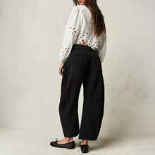 Women's Jeans Section: Women's Horseshoe-Shaped Barrel Jeans, Mid-Waist Wide-Leg Jeans, Loose Fit, Slim Tapered Leg Casual Jeans. - 黑色 - 查看 3