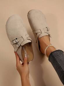 Women's Suede Dual-Tone Buckle Slide Sandals, Casual Slip-On Mules For Summer - Apricot - View 2