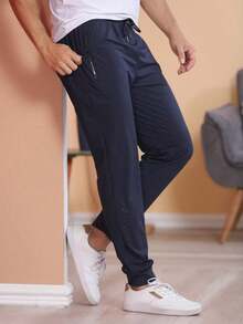 Men's Gym Pants Made Of Lightweight, Breathable, Bouncy, Cool Silk Fabric. - Navy Blue - View 1