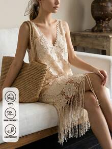 Đầm không tay cổ chữ V phối ren hoa phong cách Bohemian, thích hợp cho kỳ nghỉ, đi biển, mặc hàng ngày, phù hợp cho lễ Phục sinh và lễ hội âm nhạc Coachella. - Màu be - Xem 1