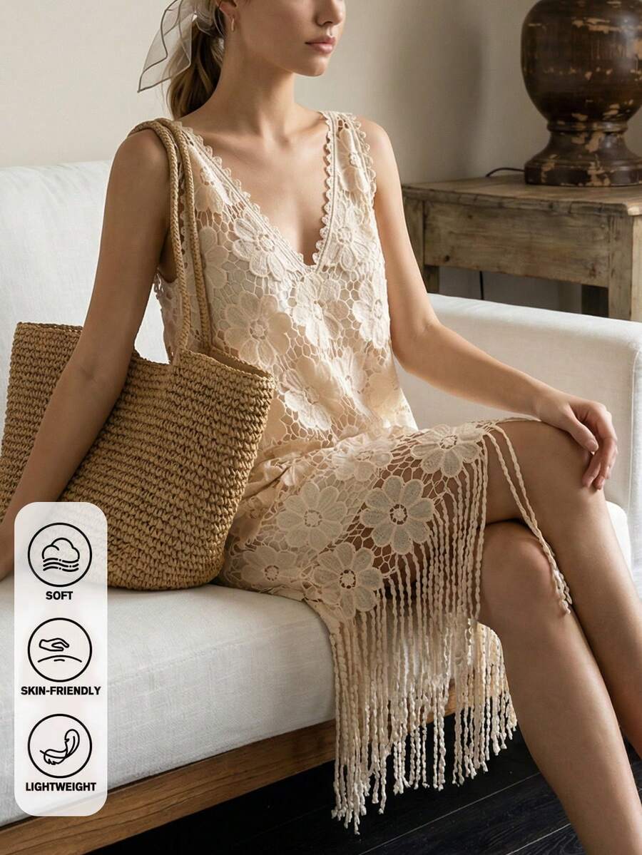 Đầm không tay cổ chữ V phối ren hoa phong cách Bohemian, thích hợp cho kỳ nghỉ, đi biển, mặc hàng ngày, phù hợp cho lễ Phục sinh và lễ hội âm nhạc Coachella. - Màu be - Xem 1