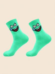 1 par de calcetines de media caña para mujer, calcetines transpirables de colores de caramelo divertidos con expresión de dibujos animados, adecuados para primavera, verano y otoño - Verde - Ver 2