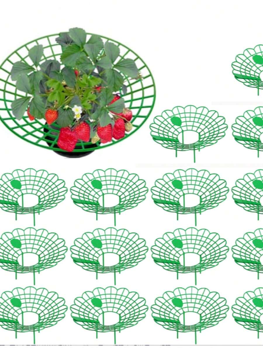 Este conjunto de 3/5/7 soportes para plantas de fresa cuenta con tres patas resistentes y está adornado con un diseño de logotipo de fresa, brindando protección contra el moho, la pudrición y la suciedad para el cultivo de fresas.