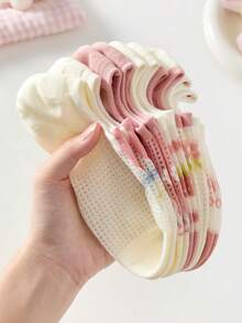 5双可爱兔子、郁金香、草莓印花短袜，透气网眼隐形低帮踝袜，浪漫花卉图案，适合日常休闲、工作、上学和周末散步，颜色随机。 - 查看 6