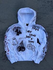 Men's Y2K Street Vintage Outfits | Quirky Ghost Pattern Printed Oversize Zipper Hooded Hoodie | Suitable For Festival Parties And Daily Casual Top - 白色 - 查看 1
