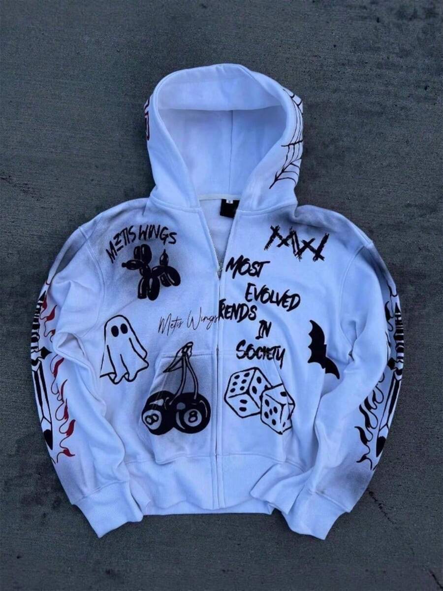 Men's Y2K Street Vintage Outfits | Quirky Ghost Pattern Printed Oversize Zipper Hooded Hoodie | Suitable For Festival Parties And Daily Casual Top - 白色 - 查看 1