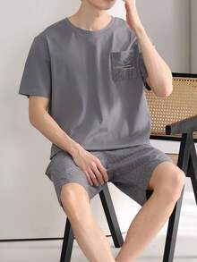 AICJ 男士纯色休闲宽松简约口袋圆领短袖格子短裤睡衣套装（2件套），适合春夏穿着 - 深灰色 - 查看 4