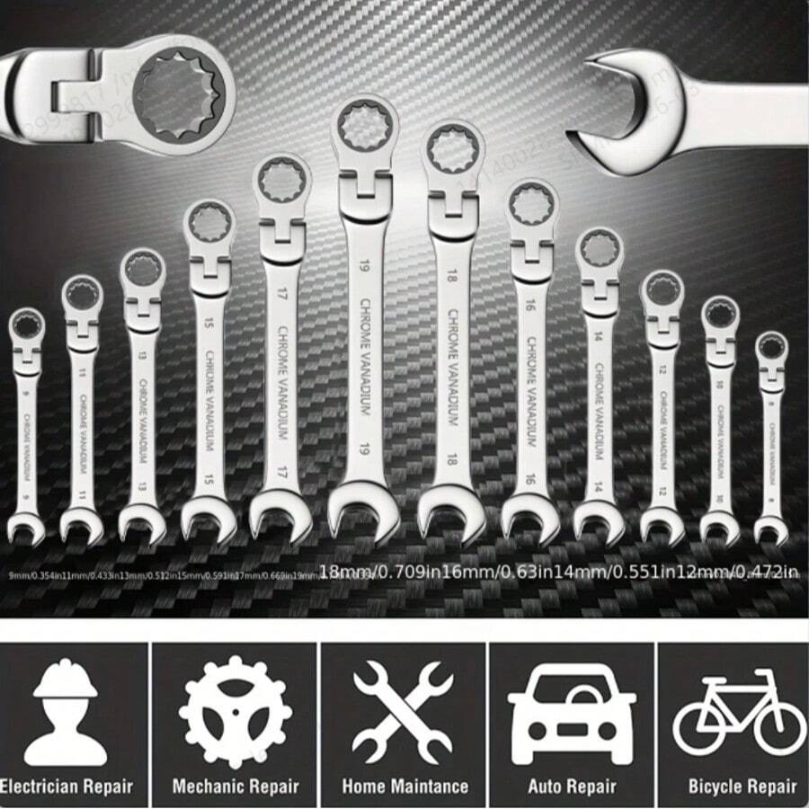 5pcs Flex Head Ratchet Wrench Set, Metric, Chrome Vanadium Steel Combination Spanner Key Wrench Kits Hardware Hand Tool - Electroplated movable head ratchet wrench single 10MM - View 1