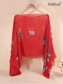 1pc Women's Lightweight Chiffon Vintage Butterfly Print Versatile Loose Fit Pearl Button Scarf Shawl, Suitable For Travel And Daily Use, Spring/Summer - Multicolor - View 14