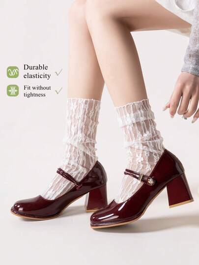 1/2/3 Pairs White Lace Socks For Women, Thin Mesh See-Through Mid-Calf Socks For Spring/Summer, Decorative Socks Without Heel, Suitable For Wearing With Small Leather Shoes