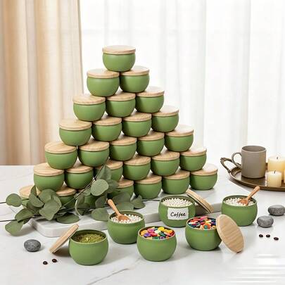 54pcs Scented Candle Jar Making Kit,Green Metal Candle Jars With Wood Grain Lids, 10 Jars And 44 Additions (Candle Wicks, Wick Holders, Stickers), Perfect For Home Decor, Seasonal Decorations, And Holiday Ornaments