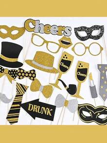 1/30pcs Black & Gold Funny Photo Booth Props, Makeup Party Handheld Photo Frame, Easy To Assemble Party Photo Booth Accessories, Suitable For Birthday, New Year, Graduation Ceremony, Anniversary Photography, Black & Gold Graduation Decor - Multicolor - View 2