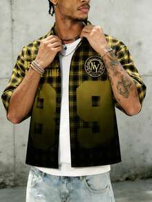 Men's Yellow Plaid "NY 89" Slogan Print Short Sleeve Button-Down Shirt, Retro Street Style - Yellow - View 4