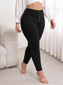 High Waist Elastic Skinny Jeans, Button Fly, Slimming Shaping Compression Denim Pants, Versatile Curvy Plus Size Design Casual Black - Black - View 6