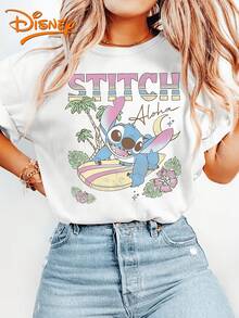 Disney License T Shirts, Disney Lilo & Stitch Stitch Aloha Surfboard Graphic T-Shirt, Women's Casual Crew Neck Short Sleeve Tee, Vintage Tropical Stitch With Palm Trees Print Cotton Top, Retro Hawaiian Casual Summer Everyday Shirt ,Camiseta, Summer Outfits For Women, Summer Clothes, Summer Tops, Tops For Women, Festival Outfits, Summer Tops For Women, Mother's Day, Mother's Day Clothing, Gifts For Family And Friends, Spring Outfits For Women, Officially Licensed Disney T-Shirts, Disney Men's And Women's Spring/Summer Fashion Casual Short-Sleeve T-Shirts - trắng - Xem 1