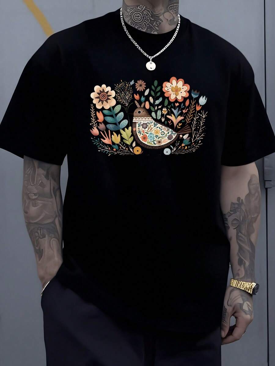 A Bird Adorned With Colorful Flowers Symbolizing Joy And Freedom, Surrounded By Leaves And Vibrant Nature, Evoking Harmony And Freshness, Inspiring A Connection With The Natural World. A Modern, Casual, Comfortable, And Refreshing Men's T-Shirt For Everyday Wear. - 黑色 - 查看 1