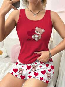 Set Piyama Kasual Wanita Motif Beruang dan Hati (Kamisol dan Celana Pendek) - MultiWarna - View 4