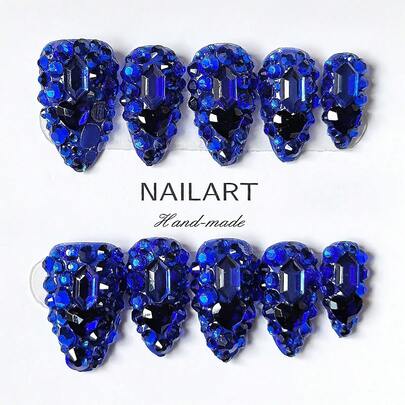 Y2K 奢华 24mm 蓝色全水晶杏仁形手工美甲贴，手工打造 3D 全覆盖水晶设计，闪亮夺目，奢华水晶装饰，优雅百搭，时尚创意，适合婚礼、派对、户外、海滩、日常、节日、聚会、工作和特殊场合 - 10 片/包
