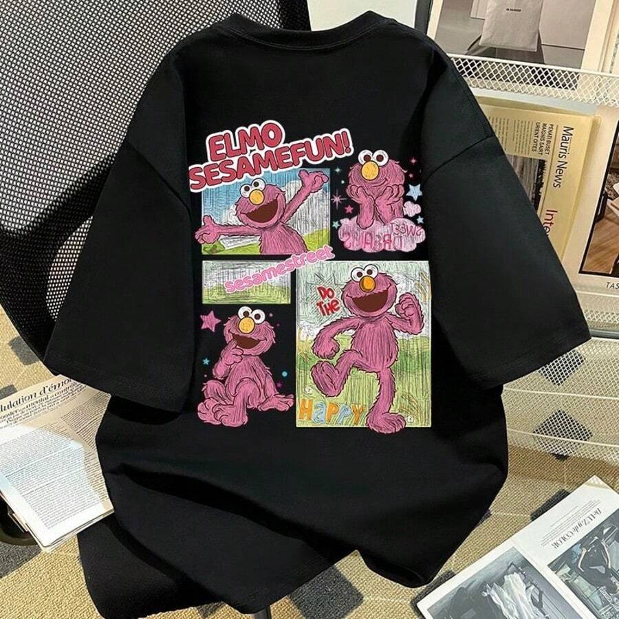 Funny And Quirky Monster Print, Street Style, Unisex 2026 Summer Everyday Commuter Short-Sleeved T-Shirt. Made Of Pure Cotton, Soft And Comfortable Against The Skin, Solid Color Design, Simple And Versatile, Suitable For Everyday Shopping. - 黑1 - 查看 1