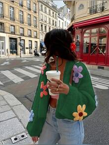 Plus Size 2026 Autumn/Winter Soft Wool Knit Sweater, Slouchy Cardigan With Colorful Floral Embroidery - Green - View 9