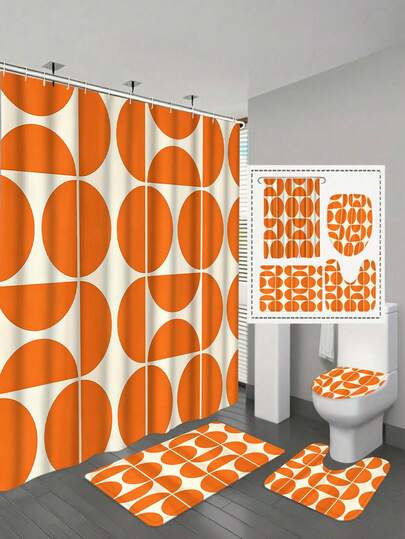 1/4pcs Orange Medieval Bohemian Style Shower Curtain Set, Modern Abstract Geometric Art Bathroom Curtain, Waterproof Polyester Fabric With 12 Hooks